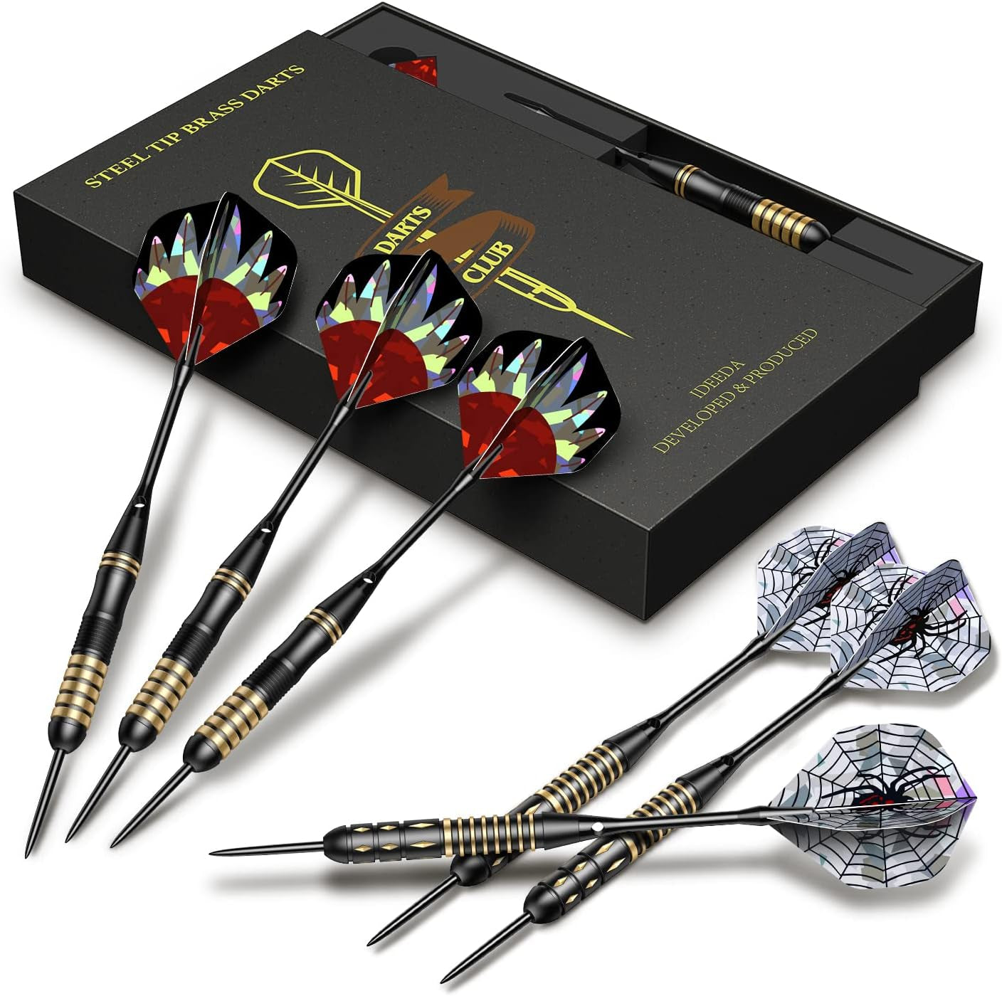 Steel Tip Dart Brass Barrels Professional Darts Set, Metal Tipped Darts 6 Pack + 12 Aluminum Shafts + 12 Flights + 1 Sharpener